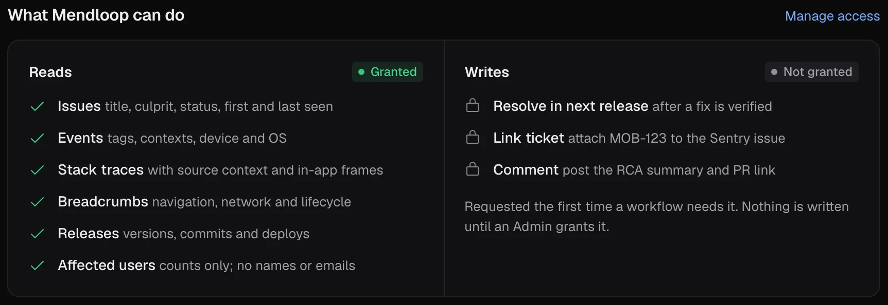 What Mendloop can do in Sentry: reads granted for issues, events, stack traces, breadcrumbs, releases and affected-user counts; writes such as resolving an issue are locked and not granted.